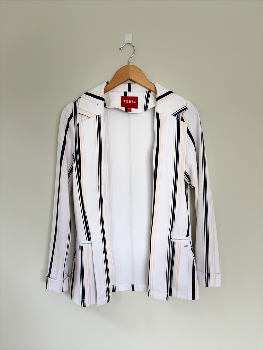 GUESS White Striped Open-Front Blazer with Black and Tan Stripes
